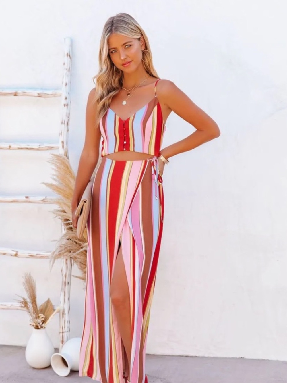 LUSH Striped Multi-Color Tie-Waist Maxi Wrap Dress Size Medium